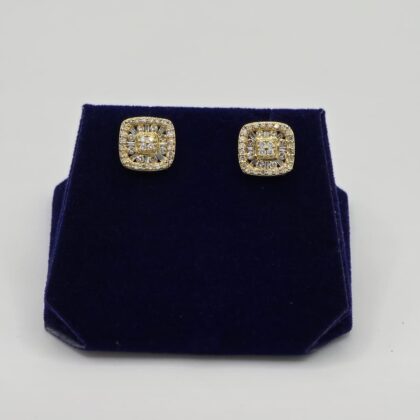 1 CTW Natural Diamond Cushion Baguette-Halo Studs (10K Yellow Gold)