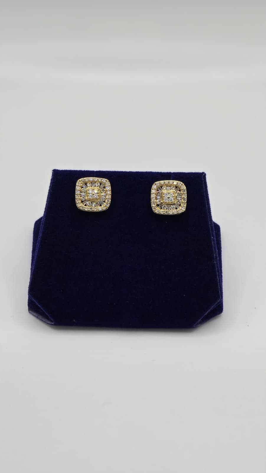 1 CTW Natural Diamond Cushion Baguette-Halo Studs (10K Yellow Gold)