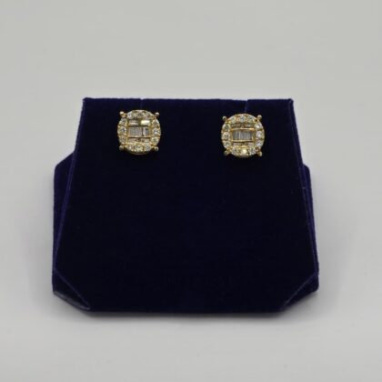 1.5 CTW Natural Diamond Round Baguette-Halo Studs (10K Yellow Gold)