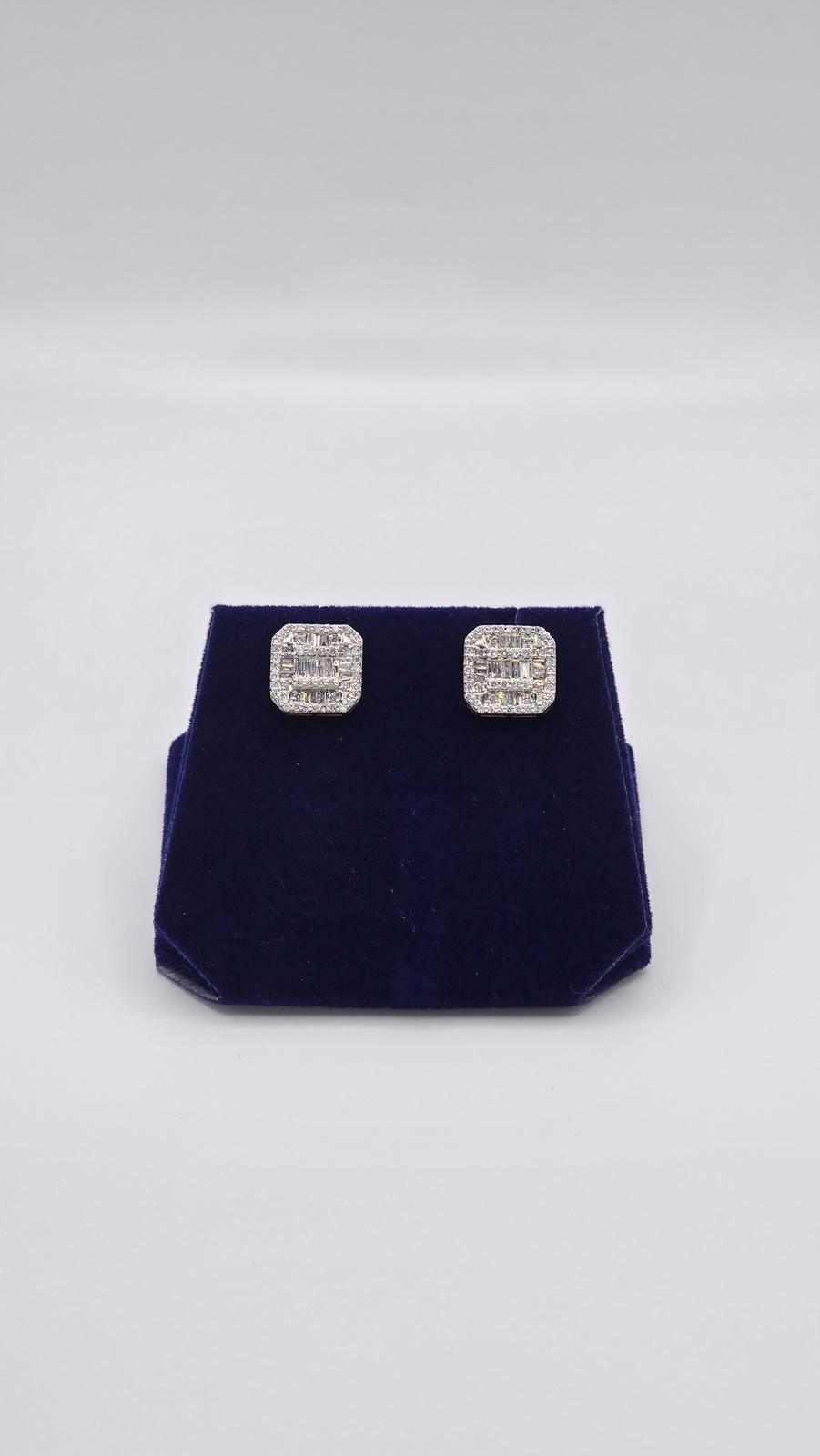0.87 CTW Natural Diamond Emerald Baguette-Halo Studs (10K White Gold) - Image 2