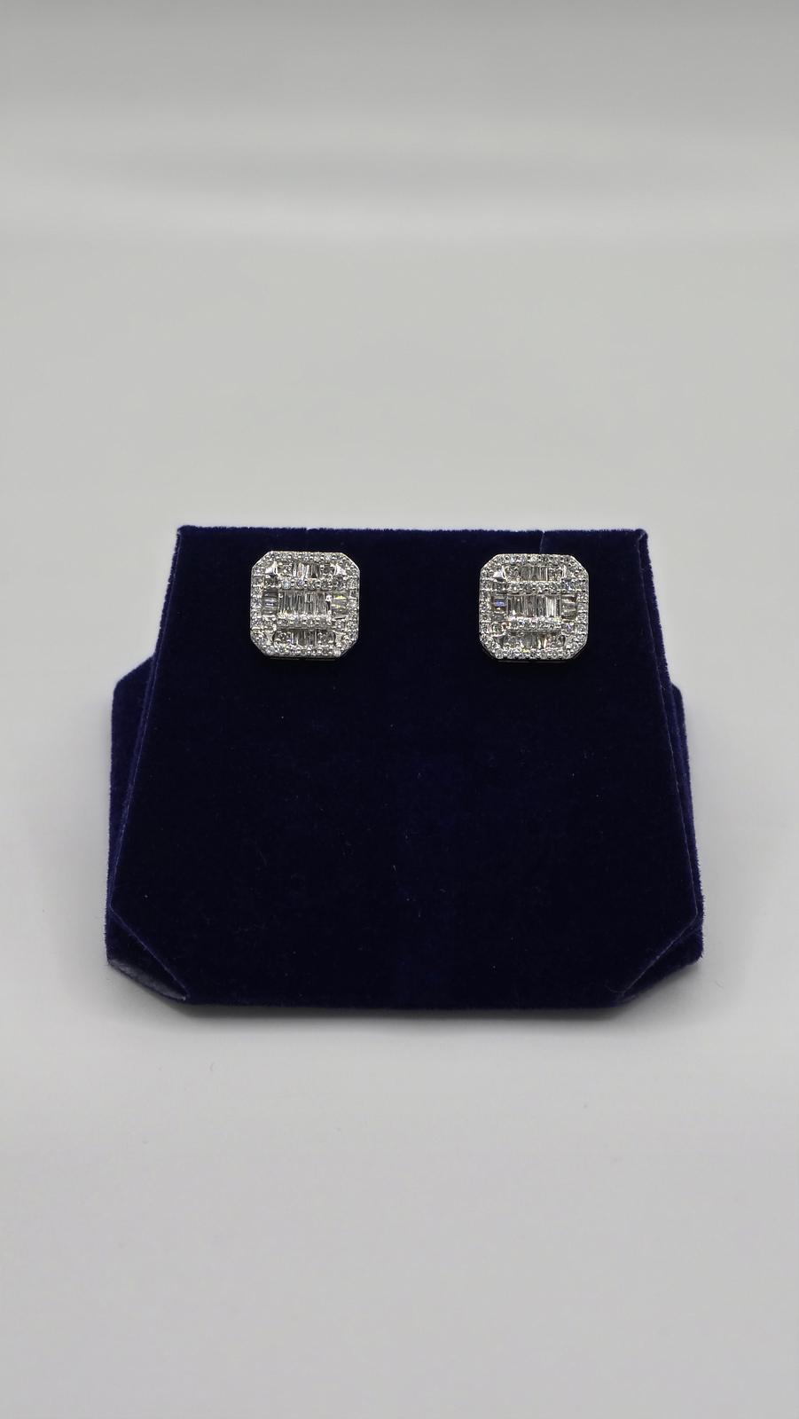 0.87 CTW Natural Diamond Emerald Baguette-Halo Studs (10K White Gold) - Image 3