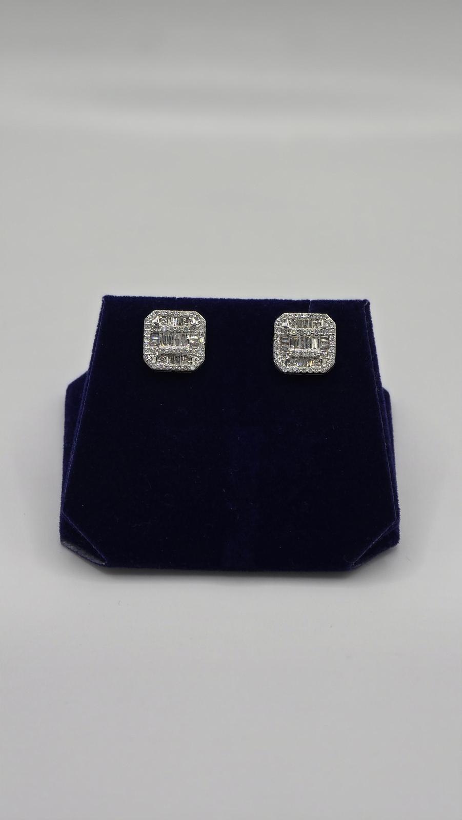 0.87 CTW Natural Diamond Emerald Baguette-Halo Studs (10K White Gold) - Image 4